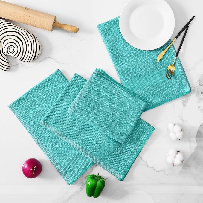 Homaxy 380 GSM Cotton Premium Kitchen Towels 8 Pack, 18"x 28", Teal | Flat and Terry Dish Towels, Highly Absorbent Tea Towel Set with Hanging Loop, Soft Utility Kitchen Hand Towels