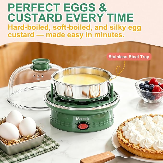 Macook Electric Egg Cooker for Easter, 7 Egg Capacity with Auto Shut-Off, Spring Green Hard Boiled Egg Maker, Ideal Easter Gift for Egg Decorating, Includes Measuring Cup