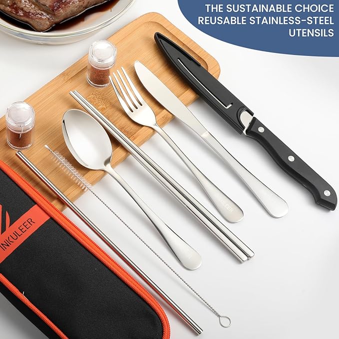 INKULEER Travel Cutlery, Portable Cutlery Set | Portable Silverware Set, 18/8 Stainless Steel Lunch Reusable Travel Cutlery Set, Fork and Spoon/Knife Set for Camping | Full-size camping cutlery set.