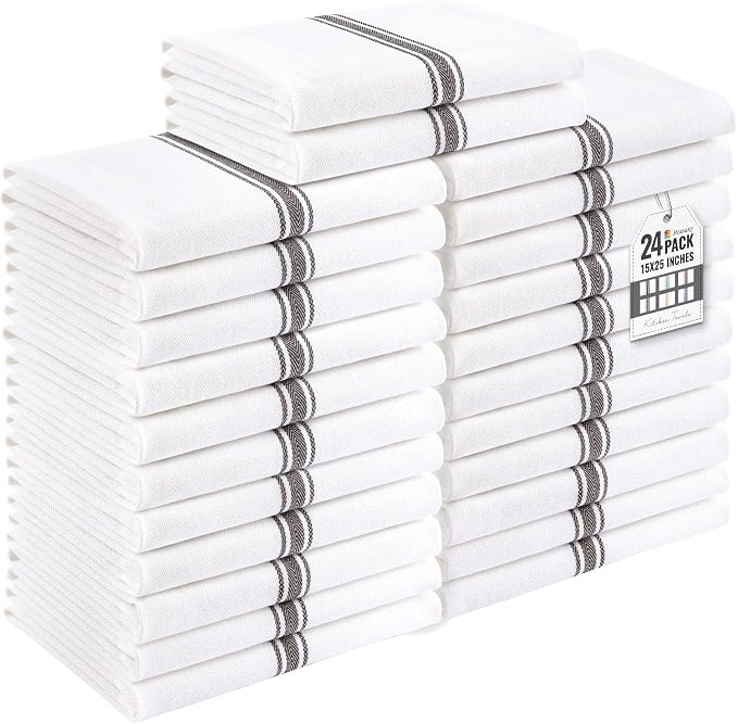 Homaxy 100% Ring Spun Cotton Kitchen Towels 24 Pack, Black Stripe | 15 x 25 Inch, Highly Absorbent Dish Towels for Kitchen Drying, Reusable Cleaning Cloths, Soft Tea Towels with Hanging Loop