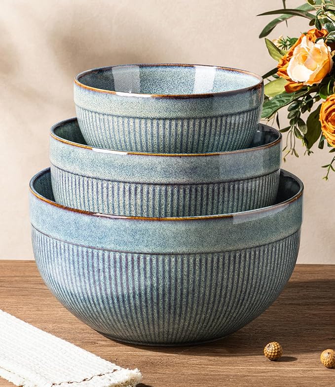 GBhome Ceramic Mixing Bowls Set of 3, Stoneware Nesting Serving Bowls, | 45/90/150 oz For Prep, Baking, Serving, Gift, Microwave and Dishwasher Safe, Ribbed Dishware Collection,Ceylon Blue