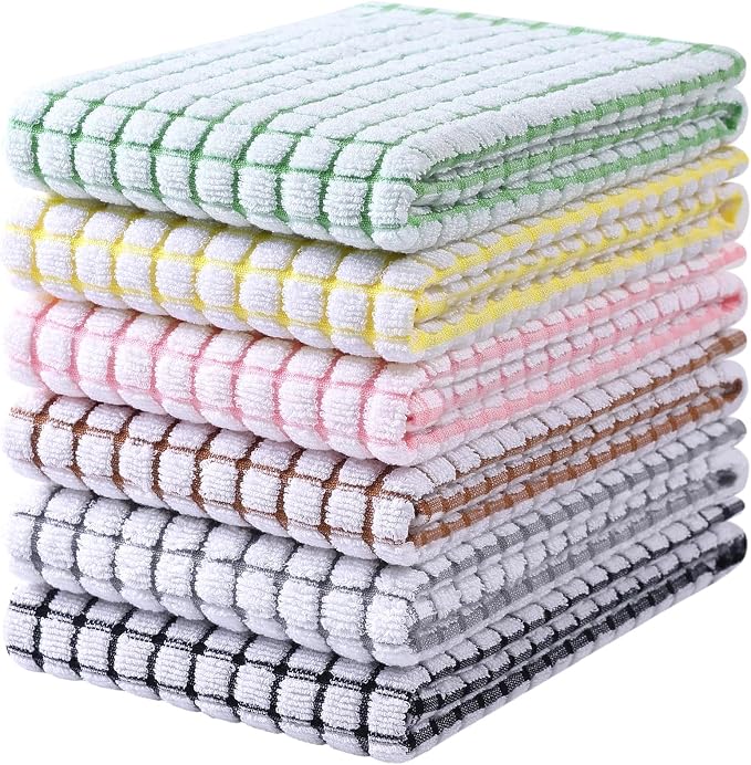 Mordimy Cotton 6 Pack Terry Kitchen Towels, 16 x 25 Inches | Super Soft and Absorbent Dish Towels, Quick Drying Hand Towels for Kitchen Drying, Black/Grey/Pink/Brown/Yellow/Green