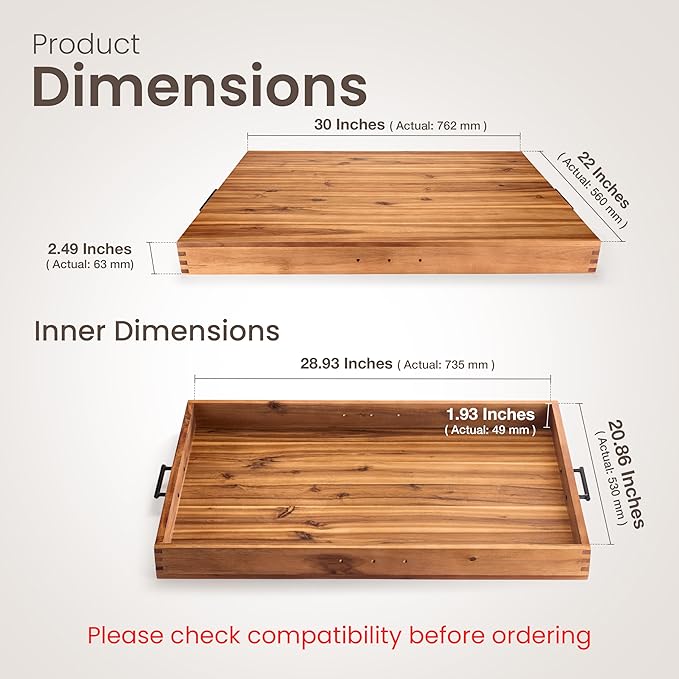 TIDITA Stove Top Covers for Electric Stove, Noodle Board, 30”x22” (Outer) | 28.9”x20.8” (Inner), Acacia Wood, Metal Handles, Non-Skid Pads, Noodles Board Stove Cover , Multi-Use, Easy Assembly