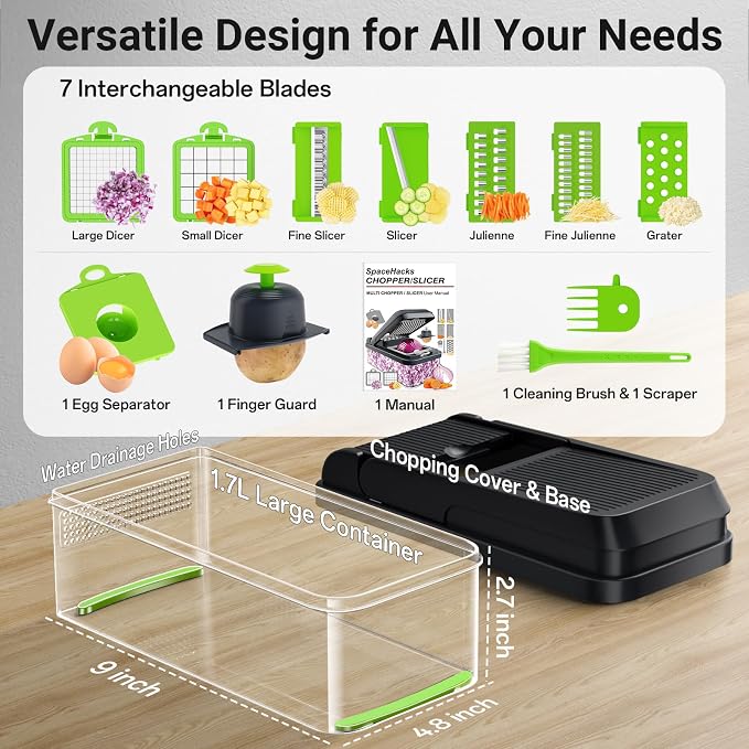 12-in-1 Vegetable Chopper with 7 Blades, Food Veggie Cutter, Green | Includes Egg Separator, Food Container and Finger Guard, Non-slip Base, for Chopping, Slicing, Shredding, and Mincing