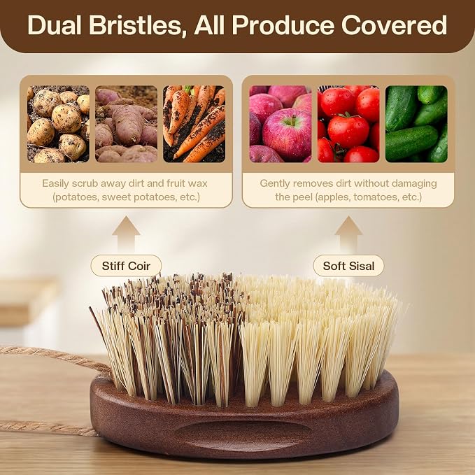 Vegetable and Fruit Cleaning Brush Scrubber Beechwood Handle Fruits Veggie Wash Brushes Potato Carrot Cucumber Mushrooms Washing Cleaner(Beige Brown, 1)