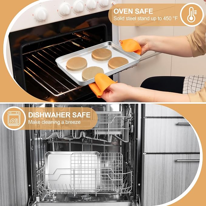 E-far Baking Sheet with Wire Rack Set, 9.5" x 7.3" (1 Pan +1 Cooling Rack) | Stainless Steel Sheet Pan with Rack Set for Toaster Oven, Mini Metal Tray for Cooking Roasting, Non-Toxic, Dishwasher Safe