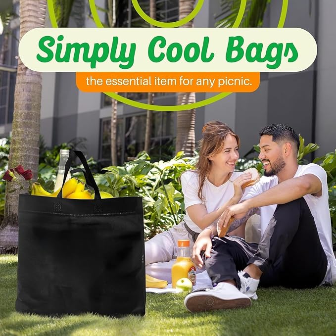 Simply Cool 400 Pack Reusable Grocery Bags, Medium Tote Bags Bulk, Black | 12.6"x6.3"x11.8" Heavy Duty Non-woven Custom Shopping Bags with Handles, Foldable, Washable for Retail and Commercial use
