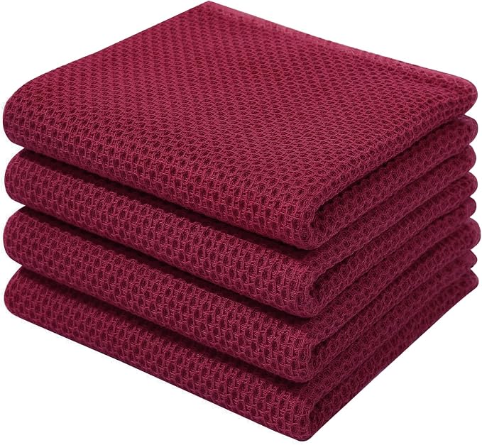 Homaxy 100% Cotton Waffle Weave Kitchen Dish Towels 4-Pack, Magenta | 13 x 28 Inches, Ultra Soft Absorbent Dish Towels, Quick Drying Cleaning Towels