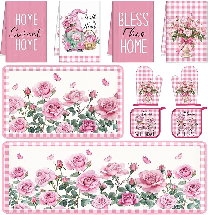 Fourluoo 10 Pcs Pink Rose Kitchen Decor Set Towels and Rugs Oven Mitts and Pot Holders Farmhouse Spring Kitchen Decor Set for Women Mom Gift Cooking Baking Grilling