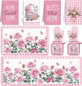 Fourluoo 10 Pcs Pink Rose Kitchen Decor Set Towels and Rugs Oven Mitts and Pot Holders Farmhouse Spring Kitchen Decor Set for Women Mom Gift Cooking Baking Grilling