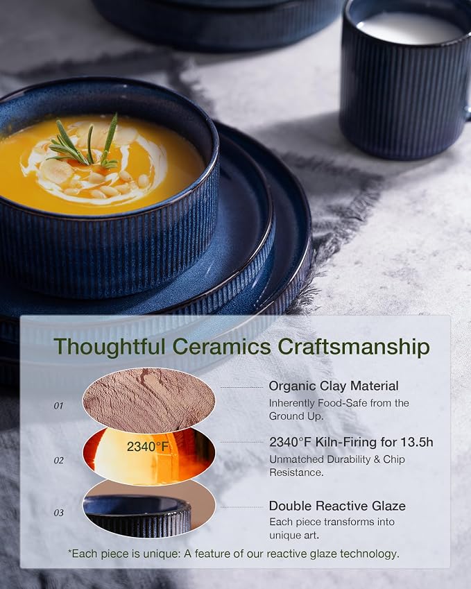 Famiware Star Stoneware Dinnerware Set, Reactive Glaze Plates & Bowls for 4 | 12-Piece Handmade Ribbed Dishes, Chip & Scratch Resistant Ceramic. Microwave & Dishwasher Safe, Rustic Modern, Nebulas Blue