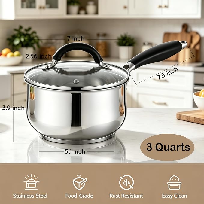 HaWare 3 Quart Saucepan, Stainless Steel Tri-Ply Bottom Sauce Pot with Lid
