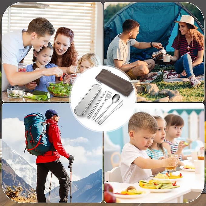 Travel cutlery set, 18/8 stainless steel cutlery, Reusable utensils set with case, Portable Silverware Lunch Box for Camping and Office (Stainless Steel)