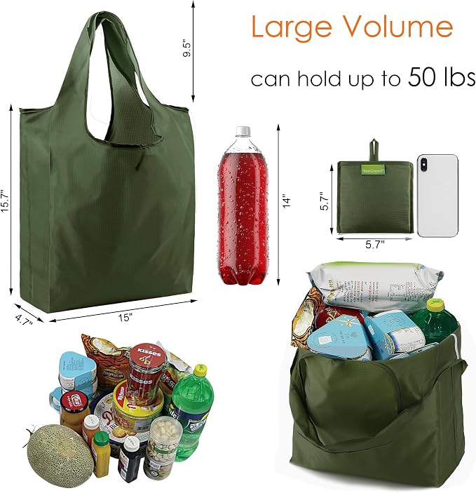 BeeGreen Green Reusable Grocery Bags Wholesale Moss Green Reusable Kitchen Bags Bulk Foldable-Machine Washable with Zipper Storage Pouch 50 Packs