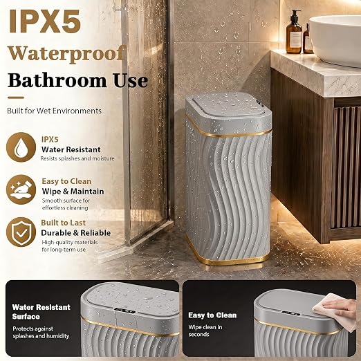 2.6 Gallon Automatic Bathroom Trash Can with Touchless Lid, Grey Gold | Motion Sensor Trash Can with Slim Waterproof Body; Small Plastic Garbage Can, hands-free lid for Bedroom, office, and kitchen