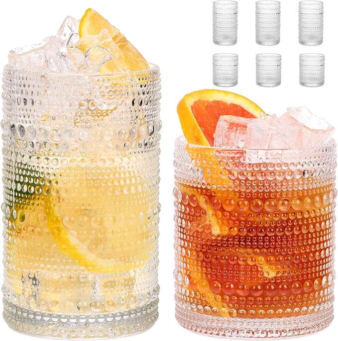 Moretoes Hobnail Drinking Glasses Set of 6, Vintage Water Glass Cups | 12 Oz Highball Glasses & 10 Oz Cocktail Glasses, Clear Embossed Boho Kitchen Bar Tumbler for Whiskey, Beer, Juice, Milk