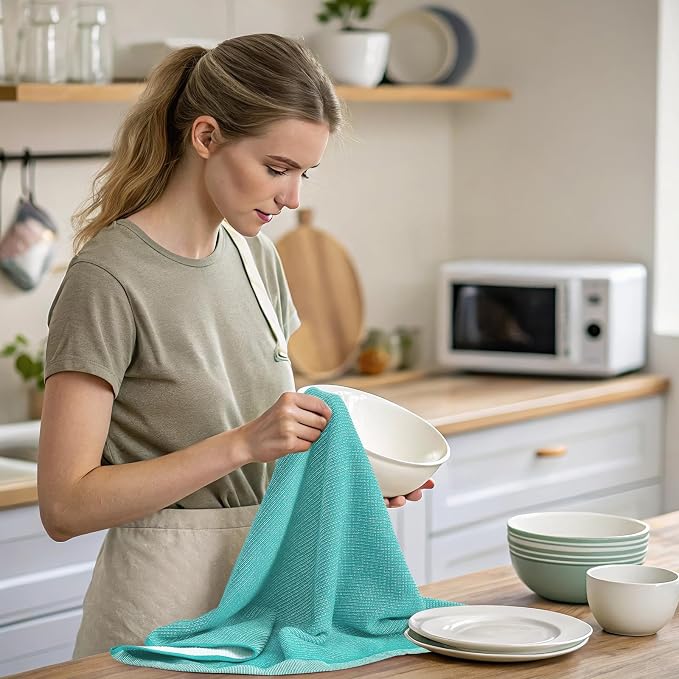 Mordimy Premium Large Cotton Kitchen Towels (18"x 28", 6 Pack), Teal | 100% Ring Spun Cotton, Super Absorbent, 380 GSM, Flat & Terry, Soft, Hanging Loop Dish Towels