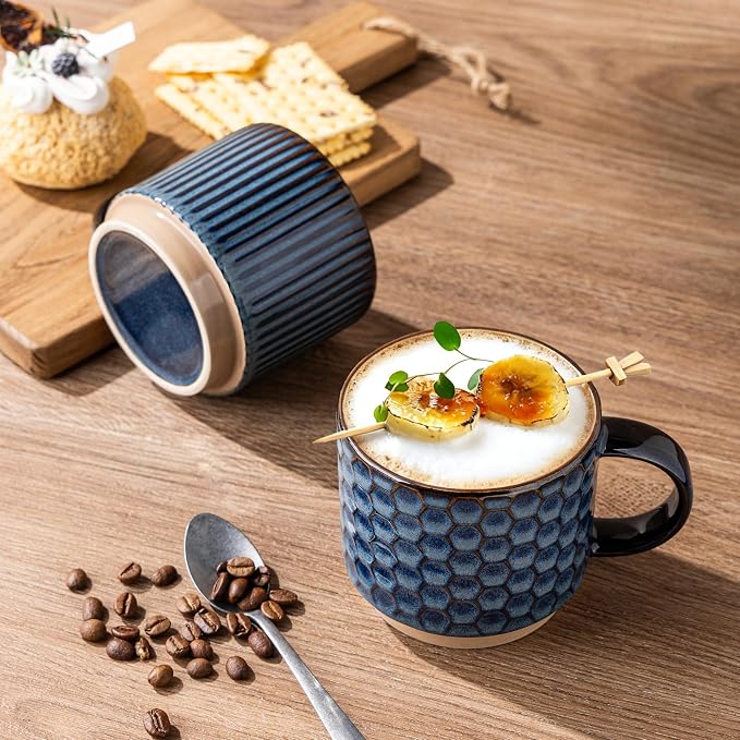 GBhome 15 OZ Stackable Coffee Mugs Set of 4, Ceramic Coffee Cups Set | 4 Assorted Designs, Embossed Mugs with Texture Patterns for Tea/Coffee, Dishwasher&Microwave Safe, Deep Sea