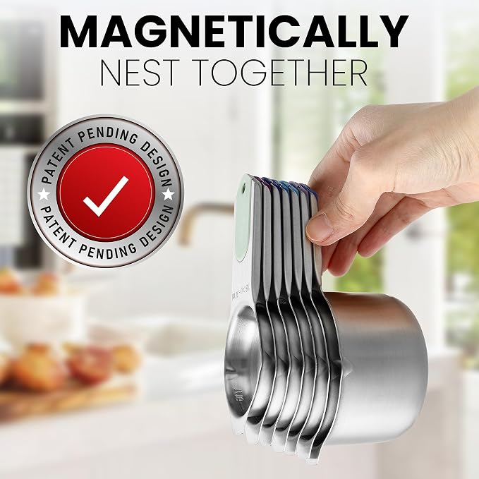 Spring Chef Magnetic Stainless Steel Measuring Cups Set of 7, Winter Frost | Patented Metal Measuring Cups for Measuring Dry or Liquid Ingredients, Easy to Read Markings, Dishwasher Safe Magnetic Cups