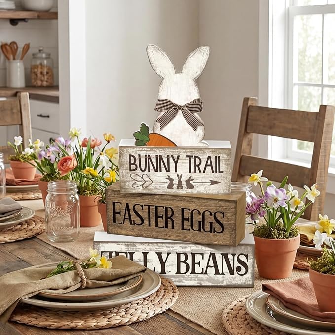 Lineshading 4 Pcs Wooden Easter Rabbit Block Signs Farmhouse Tiered Tray | Rustic Tabletop Signs for Tiered Tray, School Beach Theme Decor, Christmas Farmhouse Gift, Travel Wood Shelf Display