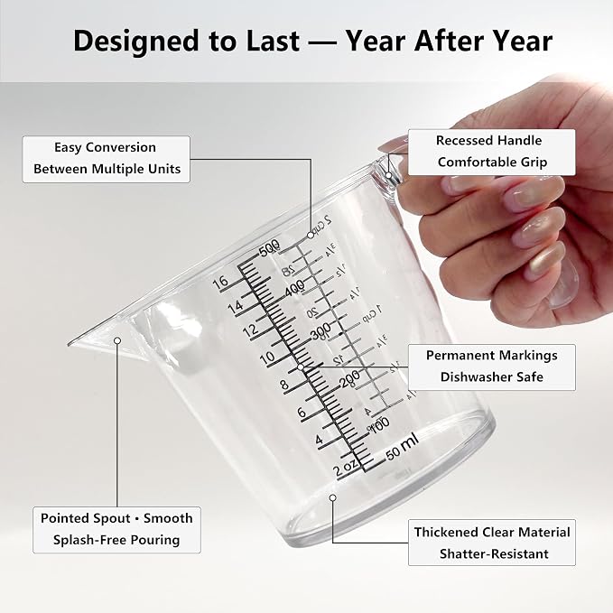Laser-Etched Measuring Cup Set, 16 oz & 1 Cup Clear Plastic Liquid Measuring Cups, Permanent oz/cup/Tbsp/mL Markings, Food-Grade for Baking & Cooking