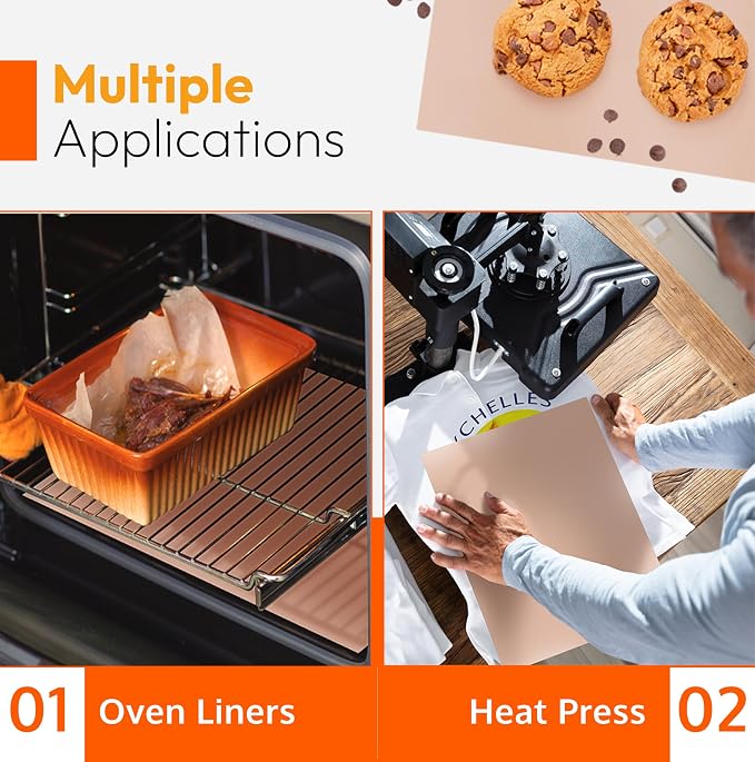 Teflon Sheets for Heat Press Paper and Baking, Reusable PTFE Cover Sheet | 3 Pack, Large 16x20, Teflon Sheet for Baking, Heat Resistant Range Mat, Food Safe, BPA & PFOA Free