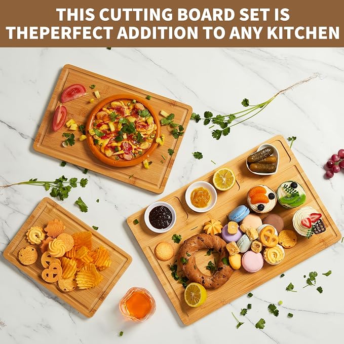 GarveeHome Bamboo Wood Cutting Boards Set of 3 with Compartments – Chopping Boards for Kitchen with Inner Handles and Juice Grooves, Ideal Serving Tray and Butcher Block for Meat, Vegetables