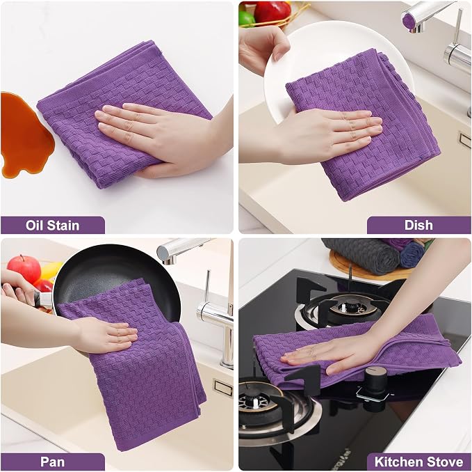 Homaxy 100% Cotton Terry Kitchen Towels(15" x 25", 6 Pack), Purple | Soft and Super Absorbent Dish Towels, 380 GSM Reusable Tea Towel with Hanging Loop, Pineapple Grid Designed