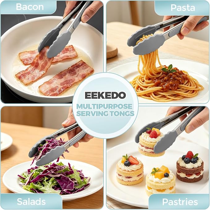 Small Cooking Tongs 7 inch Mini Serving Tongs with Silicone Tips, Set of 3 (Black + Grey + White)