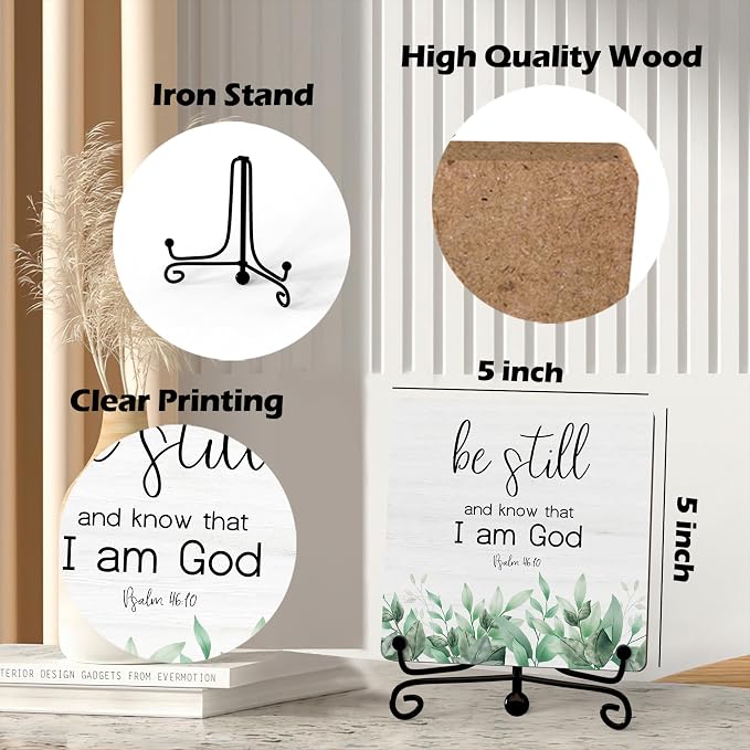 Inspirational Christian Desk Decor, Be Still And Know That I Am God Eucalyptus Sign, Desk Decorations For Office Home Living Room Bathroom, Eucalyptus Shelf Decor, Wooden Plaque With Stand (09)