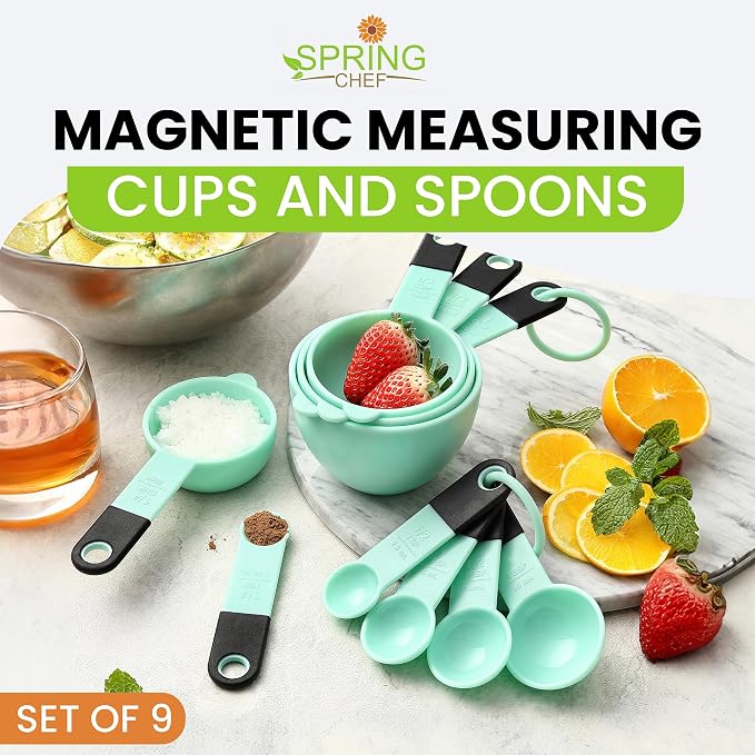 Spring Chef Magnetic Measuring Cups and Spoons Set of 9 - Mint | for Dry & Liquid Ingredients - Food Safe & BPA Free - Nesting Design - Dishwasher Safe