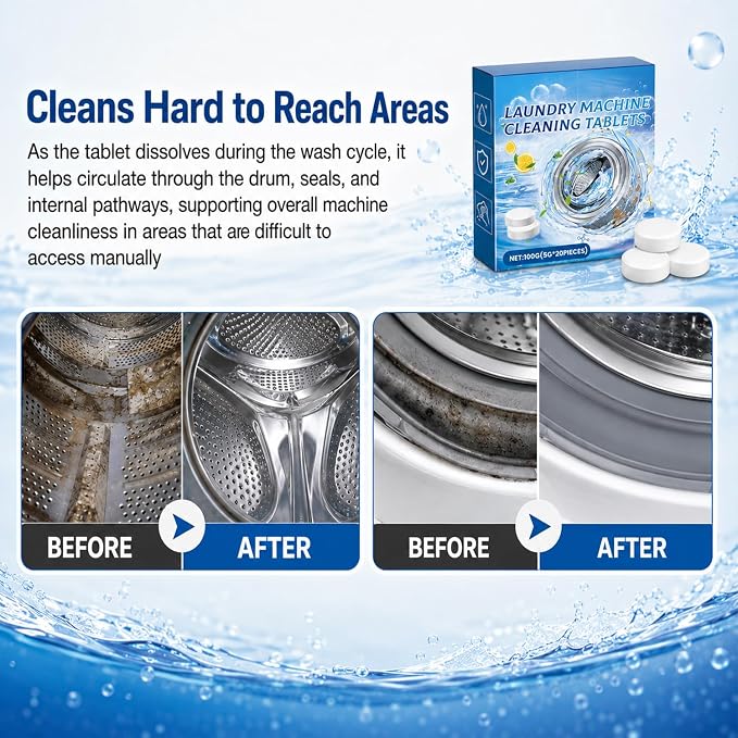 Washing Machine Cleaner Tablets 20 Count for Odor & Residue Buildup, For Front Load, Top Load & He Washers, Monthly Maintenance Descaling Tablets for Cleaner Drum