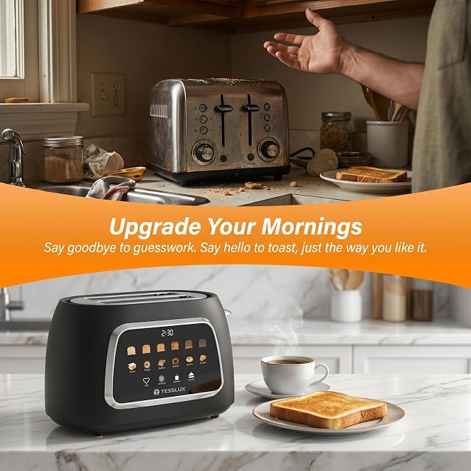 Tesslux Toaster 2 Slice, Extra Wide Slot, 800W, Touch Screen Panel, Black | LED Countdown, Defrost, Reheat, Cancel, 6 Bread Modes, 6 Browning Levels, Crumb Tray, Matte Black Stainless Steel