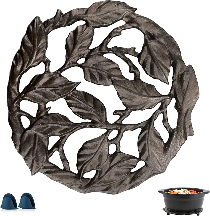 Cast Iron Trivet, 7.28 inch Metal Trivet for Hot Dishes, Heat-Resistant Decorative Trivets to Protect Dining Countertop or Kitchen Decoration with 2 Silicone Mini Pinch Mitts