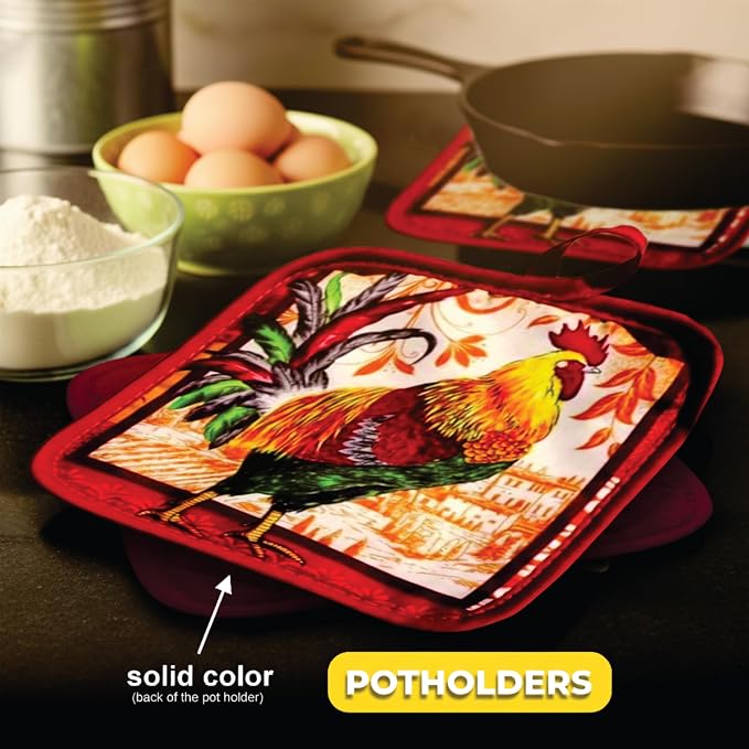 Rustic Rooster Kitchen Set – 5 Piece Set | Kitchen Towel Set with 2 Decorative Dish Towels (25 X15), 1 Oven Mitt (11 X 7) and 2 Potholders (6.5 X 6.5)