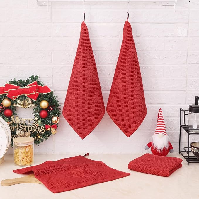 Kitinjoy 100% Cotton Waffle 8-Pack Kitchen Towels, 12" x 12", Red | Ultra Absorbent, Super Soft, lightweight, Quick Drying Dish Rags for Washing Dishes