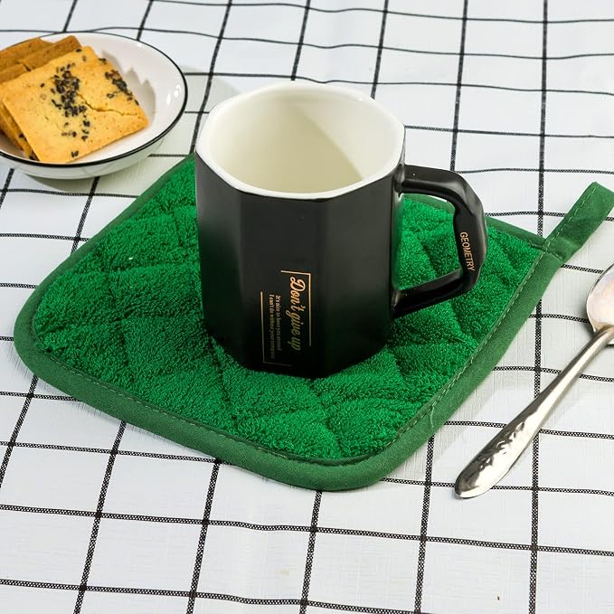 100% Cotton Kitchen Everyday Basic Terry Pot Holder Heat Resistant Coaster Potholder for Cooking and Baking Set of 5 Dark Green