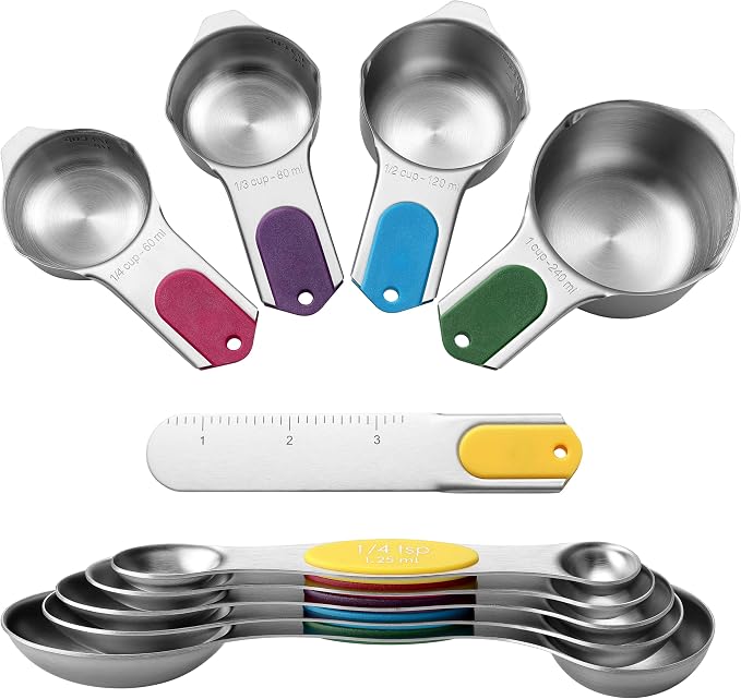 Spring Chef Magnetic Measuring Cups & Spoons Set of 9, Patented, Multicolor | Nesting Stainless Steel Measuring Cups & Heavy Duty Metal Measuring Spoons with Levelers for Dry & Liquid Ingredients