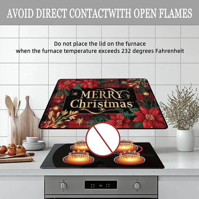 Christmas Poinsettia Glass Stove Top Cover Protector – Merry Christmas Glass Cooktop Protector,Xmas Cooktop Mat for Ceramic Countertop Mats Electric Stove Cover Festive Decor