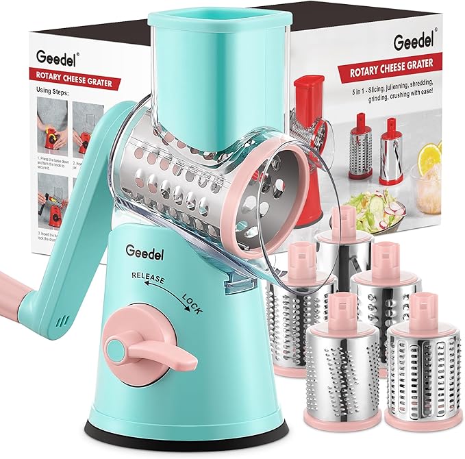 Geedel Rotary Cheese Grater Hand Crank, Cheese Shredder Vegetable Slicer | 5 Blades, 430 Stainless Steel, 12x Fast Cutting, Strong Suction Base, No BPA, Dishwasher Safe, for Cheese, Veggie, Nut