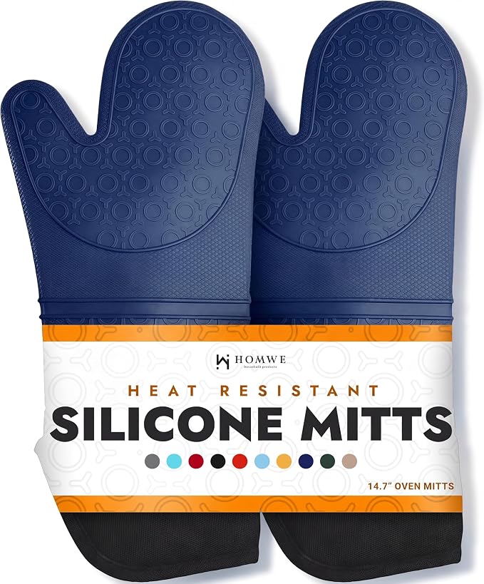 BPA-Free Soft Silicone Oven Mitts - Ultra Heat Resistant Oven Mitts with Thick Cotton Liner - Extra Long Slip Resistant Pot Holders, Flexible Oven Gloves - Navy 14.7"