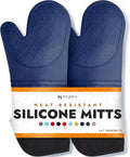 BPA-Free Soft Silicone Oven Mitts - Ultra Heat Resistant Oven Mitts with Thick Cotton Liner - Extra Long Slip Resistant Pot Holders, Flexible Oven Gloves - Navy 14.7"