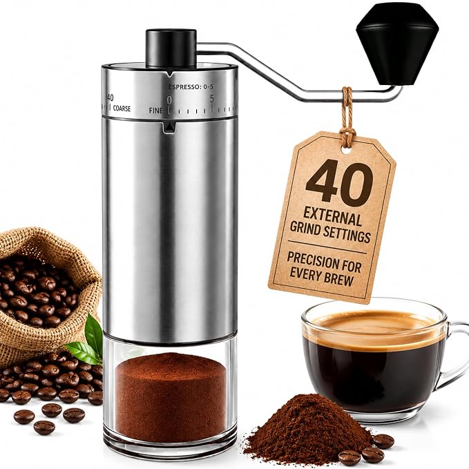 Mini Manual Coffee Grinder with 40 External Adjustable Settings | Ceramic Conical Burr, Stainless Steel Body, 35g Capacity, for Espresso, Pour Over, French Press, Home, Camping, Travel & Gift