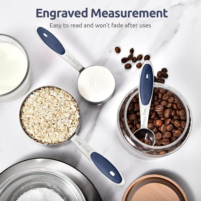 U-Taste Measuring Cups Spoons Set, 18/8 Stainless Steel, 10Pc/Midnight Blue | Upgraded Thickened Handle, Reinforced Welded Joints, Nested Stackable Design, Metal Measure Set for Kitchen Baking Cooking