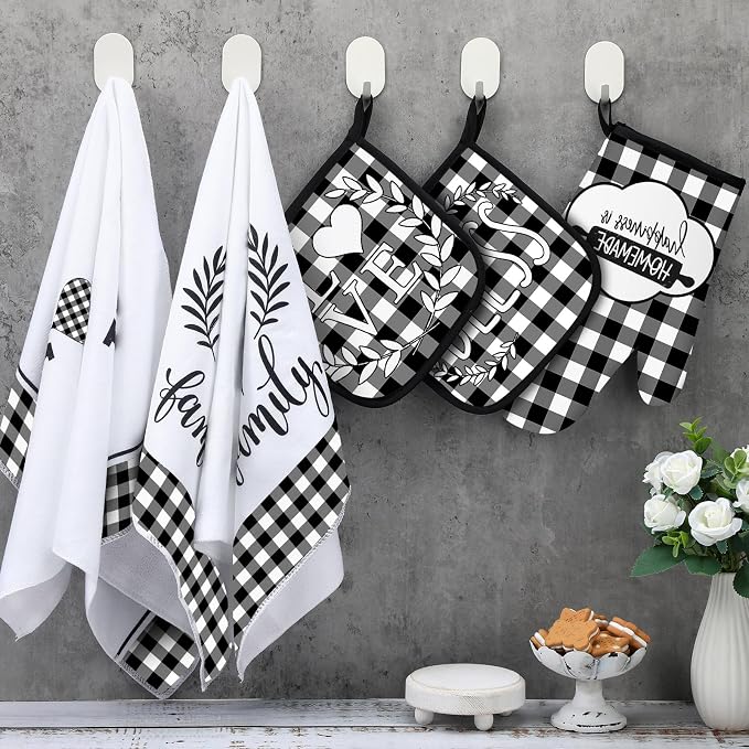 5 Pcs Buffalo Plaid Kitchen Towels Oven Mitts and Pot Holder Set,Heart | Heart Checkered Kitchen Decor, Black and White Kitchen Towels Oven Gloves, Heart Farm House Accessories Decor, High Quality
