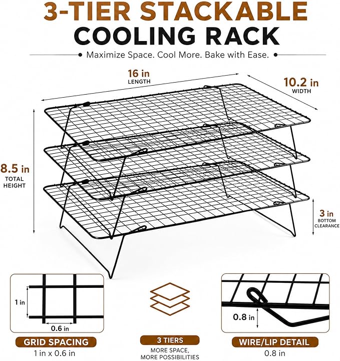 Cooling Rack 16"x10", 3-Tier Stackable & Collapsible Cooling Racks | Cooling Racks for Cooking and Baking, Roasting, Grilling, Oven & Dishwasher Safe (Black, 3-Tier)