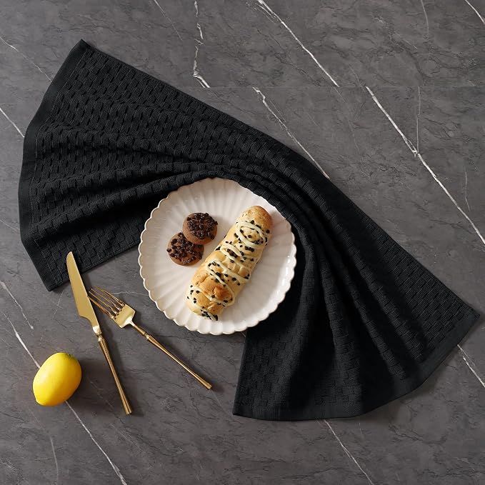 Homaxy 100% Cotton Terry Kitchen Towels(15" x 25", 4 Pack), Black | Soft and Super Absorbent Dish Towels, 380 GSM Reusable Tea Towel with Hanging Loop, Pineapple Grid Designed
