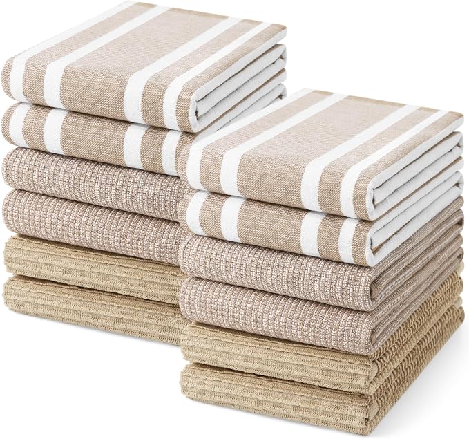 Homaxy Cotton 380 GSM Premium Kitchen Towels, 18"x 28", 12 Pack, Khaki | Soft and Absorbent Terry Dish Towels, Multipurpose Tea Towel Set with Hanging Loop, 3 Styles Kitchen Hand Towels
