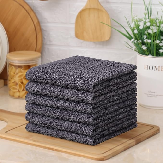Kitinjoy 100% Cotton Waffle 12-Pack Kitchen Towels, 12" x 12", Dark Grey | Ultra Absorbent, Super Soft, lightweight, Quick Drying Dish Rags for Washing Dishes