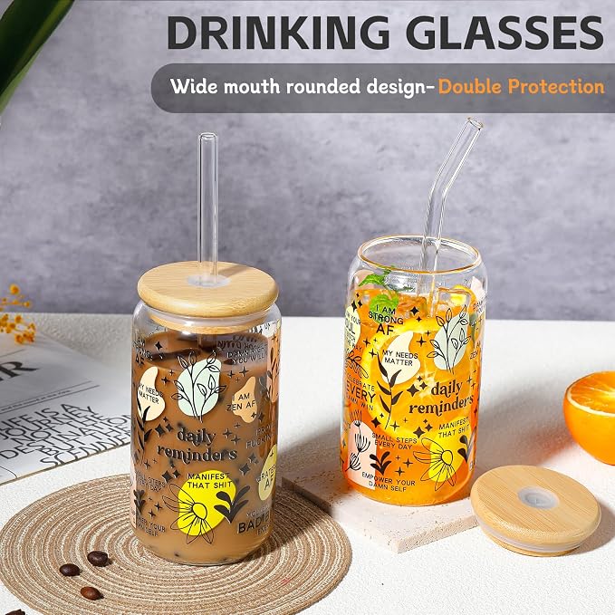 DWTS DANWEITESI Glass Cups with Lids and Straws with Design 4 pcs（Daily Reminder）,Clear Glass Cups 16 oz-Glass Tumbler,Cute Design Glass Iced Coffee Cups Mental Health Positive 480ml